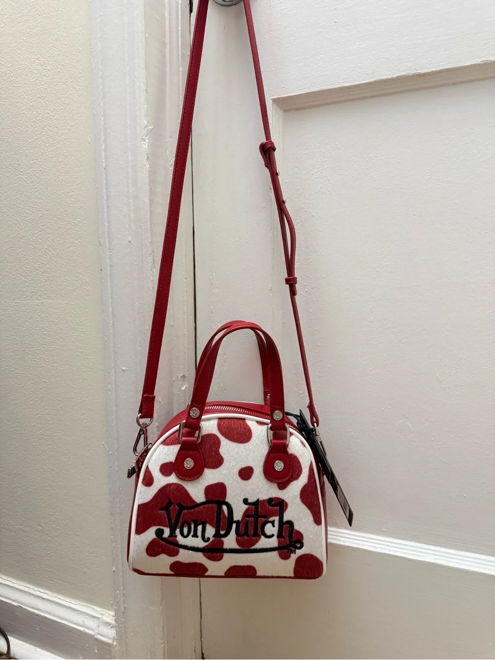 Von Dutch Red & White Cow-Print Mini Dome Crossbody